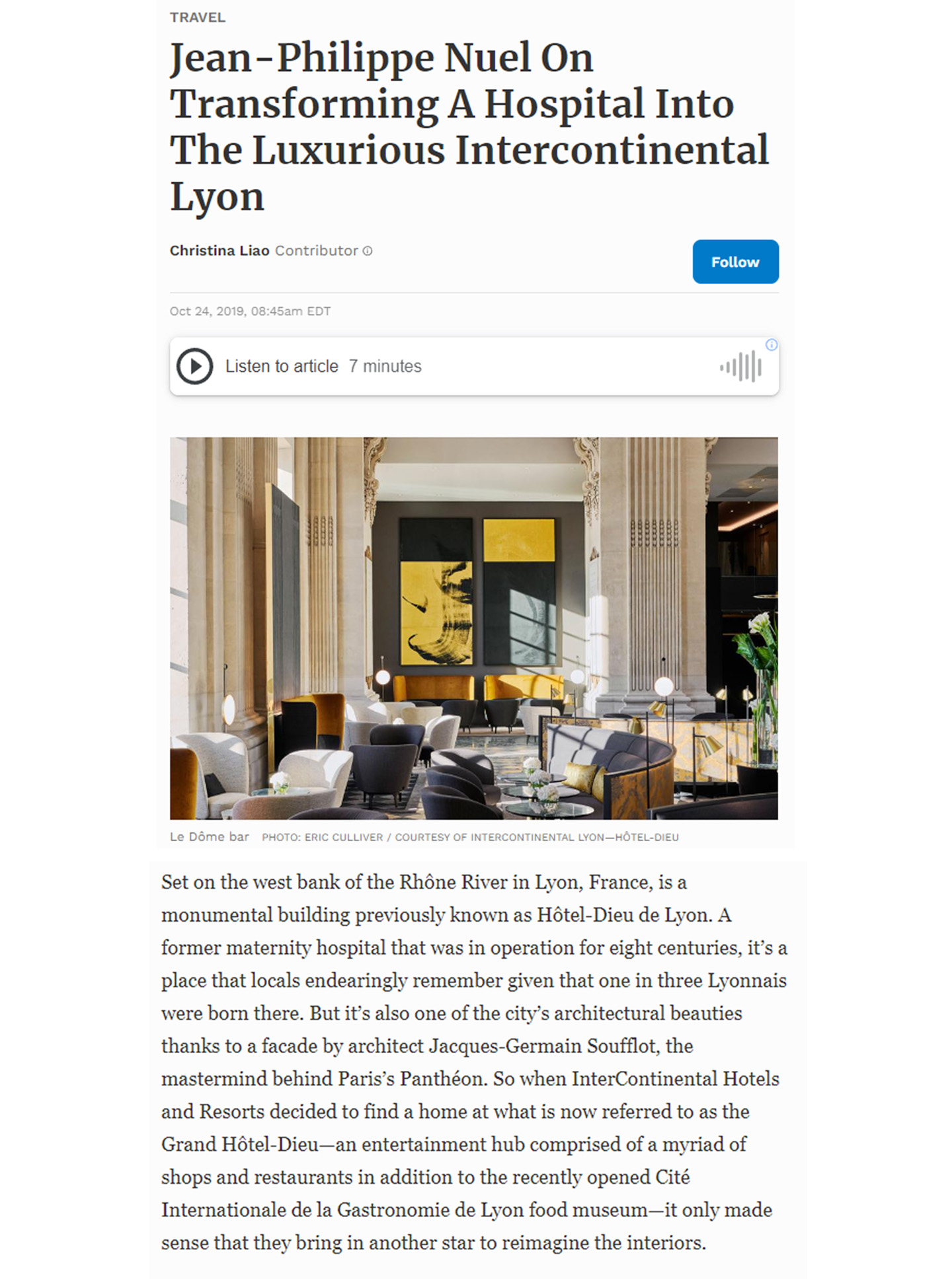Article on the InterContinental Lyon Hotel Dieu realized by the studio Jean-Philippe Nuel in the magazine Forbes, new luxury hotel, luxury interior design, historical heritage