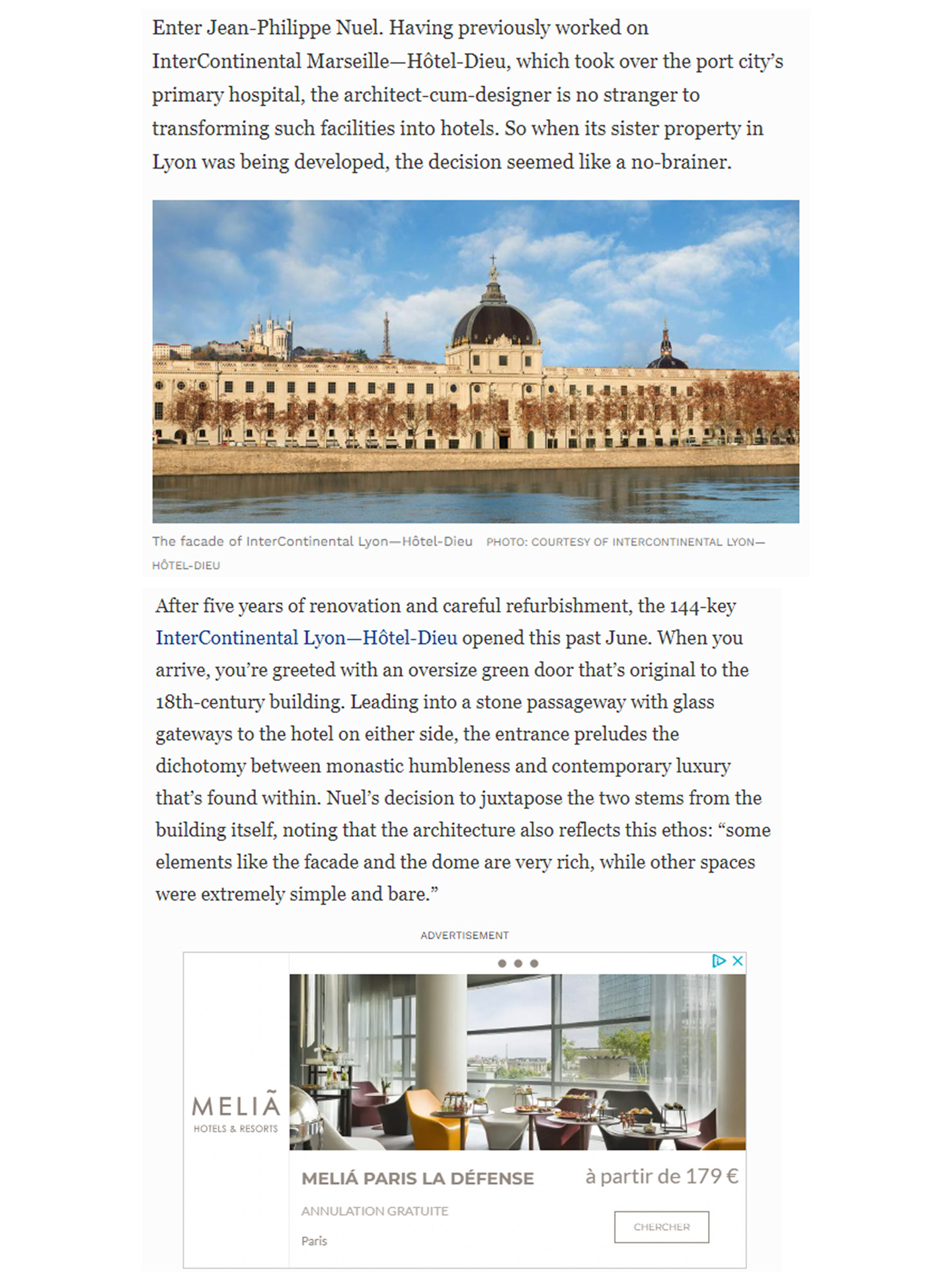 Article on the InterContinental Lyon Hotel Dieu realized by the studio Jean-Philippe Nuel in the magazine Forbes, new luxury hotel, luxury interior design, historical heritage