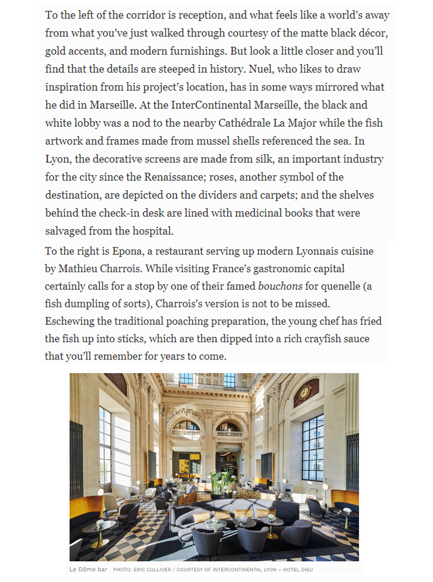 Article on the InterContinental Lyon Hotel Dieu realized by the studio Jean-Philippe Nuel in the magazine Forbes, new luxury hotel, luxury interior design, historical heritage